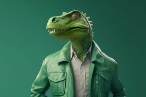 en grön dinosaurie med en grön skjorta och en grön j foto