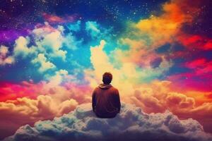 en man mediterar i främre av en färgrik himmel foto