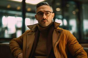 en man bär en brun jacka och glasögon foto