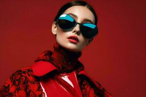 en modell bär solglasögon med röd ramar och en re foto