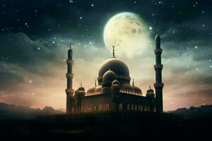 en moské på natt med de måne i de himmel foto