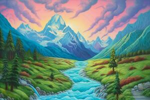 en målning av en berg landskap med en flod flo foto