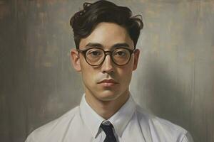 en målning av en man med glasögon och en vit shir foto