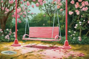 en målning av en gunga i en trädgård med en rosa bänk foto