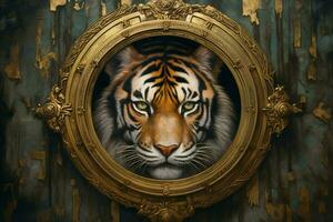 en målning av en tiger med en guld ram i de cent foto