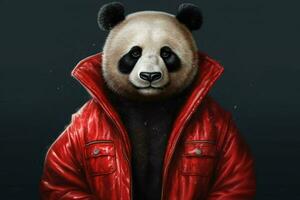 en panda i en röd jacka foto