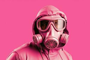 en rosa affisch med en man bär en gas mask och en foto
