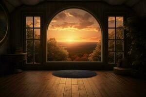 en rum med en se och en fönster med en solnedgång i th foto