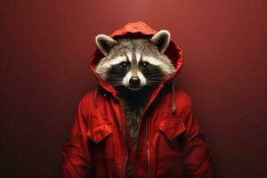 en tvättbjörn med en röd jacka och en luvtröja foto