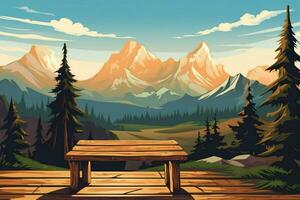 en naturskön berg se Bakom en trä- tabell illu foto