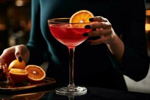 en kvinna är häller en röd cocktail in i en glas wi foto