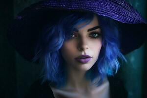 en kvinna med en blå hår och en lila hatt foto
