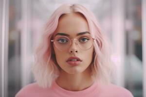 en kvinna bär glasögon med rosa ramar foto