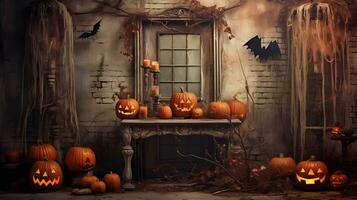de halloween dekorationer, i de stil av stimulerande texturer, rustik texturer, träsnideri, ljus orange och ljus rödbrun, mystisk bakgrunder, ai genererad. foto
