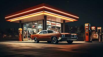 klassisk bil i främre av en retro gas station, frammanande en förgången epok. gas station, nostalgi, klassisk bil, retro, årgång. ai genererad. foto