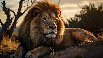 en lejon vilar kungligt i dess livsmiljö, utsöndrar lugna auktoritet, och tillhandahålla ett öppen Plats för text nära de lejonets form. rogivande kung, lugna auktoritet, ai genererad. foto