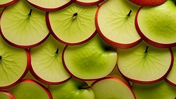 skivor av röd och grön äpplen anordnad i ett konstnärlig mönster, visa upp deras inre texturer och unik egenskaper. ai genererad. foto