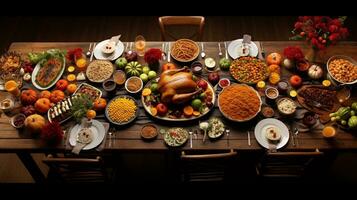 en vid vinkel skott av en tabell lastad med en mängd av tacksägelse maträtter, visa upp de överflöd och mångfald av de måltid med Plats för text på ett sida. ai genererad. foto