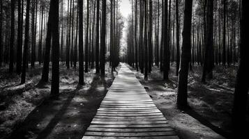 en svartvitt bild av en trä- planka väg i en skog, betona de kontrast mellan de mörk och ljus trä korn. ai genererad. foto