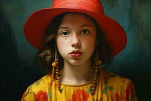en ung flicka med en färgrik hatt och en röd och eder foto