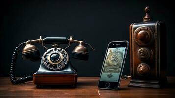 gammal fashioned telefon och modern smartphone sida förbi sida, ai genererad. foto