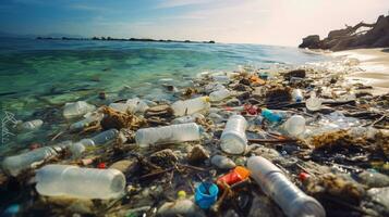 ett bild skildrar en strand strö med plast avfall, betona de brådskande behöver till minska plast konsumtion och främja återvinning. ai genererad. foto