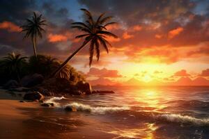 aigenererad tropisk strand solnedgång med handflatan träd foto