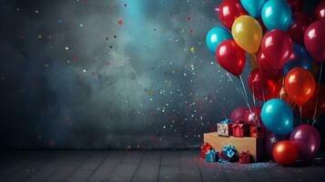 en festlig arrangemang av vibrerande ballonger i olika former och storlekar mot en texturerad konfetti bakgrund. ai genererad foto