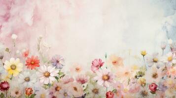 ett isolerat tapet med en medley av vattenfärg blommor, Inklusive rosor, prästkragar, och tulpaner, uppsättning mot en mjukt texturerad vattenfärg bakgrund. ai genererad foto