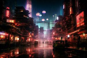 asiatisk stad natt cyberpunk foto