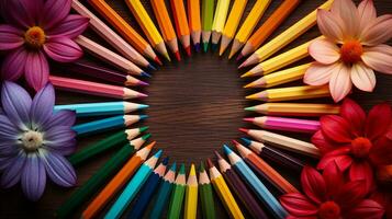 ett över huvudet se av Färg pennor anordnad i en cirkulär mönster med färgrik blommor i de Centrum med Plats för text, symboliserar de blomstrande av kreativ idéer. ai genererad foto