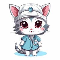 t-shirt design av en söt katt bär sjuksköterska hatt, tecknad serie stil, vit bakgrund. ai genererad foto