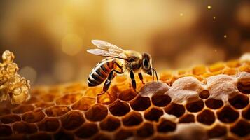 en närbild skott av en honung bi i de mitt ibland av producerar honung med Plats för text, betona deras anmärkningsvärd bidrag till detta naturlig bearbeta. ai genererad foto