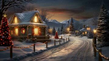 en charmig landsbygden landskap Utsmyckad med jul lampor och dekorationer, skapande en mysigt och nostalgisk scen. ai genererad foto