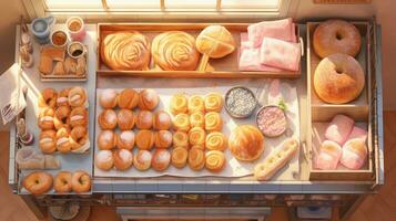 ett över huvudet se av en bageri visa fylld med bröd, med en mjuk pastell bakgrund skapande en harmonisk miljö. ai genererad foto