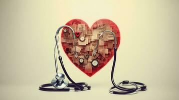 ett konstnärlig sammansättning kombinerande hjärta symboler med en stetoskop, representerar medvetenhet och vård för hjärta hälsa, med utsedd områden för text. ai genererad foto