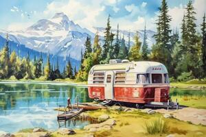 camping i berg sjö med resa trailer wate foto