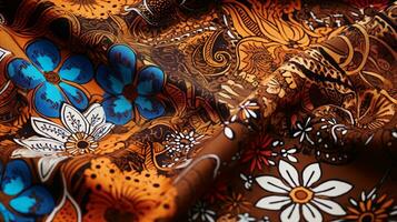 ett bild visa upp de invecklad och vibrerande mönster av en traditionell batik tyg, med Plats för text till beskriva de rik kulturell arv. bakgrund bild. ai genererad foto