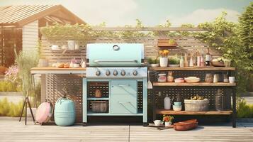 ett bild terar utomhus- matlagning Utrustning sådan som en utegrill grill och redskap i en pastell utomhus- miljö. tillåta Plats för text, bakgrund bild, ai genererad foto