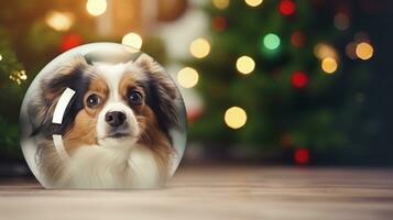 en hund kikar ut från Bakom en jul krans, med Plats för text, bakgrund bild, generativ ai foto