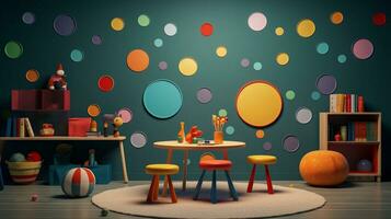 en scen illustrerar polka prickar som del av en lekfull barns miljö, sådan som en barnkammare eller klassrum, tillhandahålla Plats för text, bakgrund bild, generativ ai foto