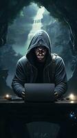 hacker skriver på bärbar dator anonym begrepp. generativ ai foto