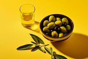 oliv olja och oliv olja i en skål med oliver på foto