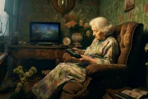gammal kvinna gaming fiktiv värld foto