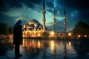 bön- på de blå moské på skymning foto