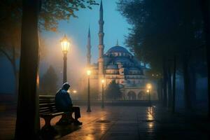 bön- på de blå moské på skymning foto