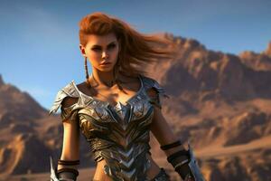 sexig krigare kvinna gaming fiktiv värld foto