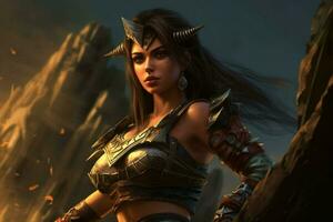 sexig krigare kvinna gaming fiktiv värld foto