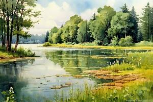 lugn sommar landskap en vattenfärg målning av foto