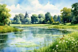 lugn sommar landskap en vattenfärg målning av foto